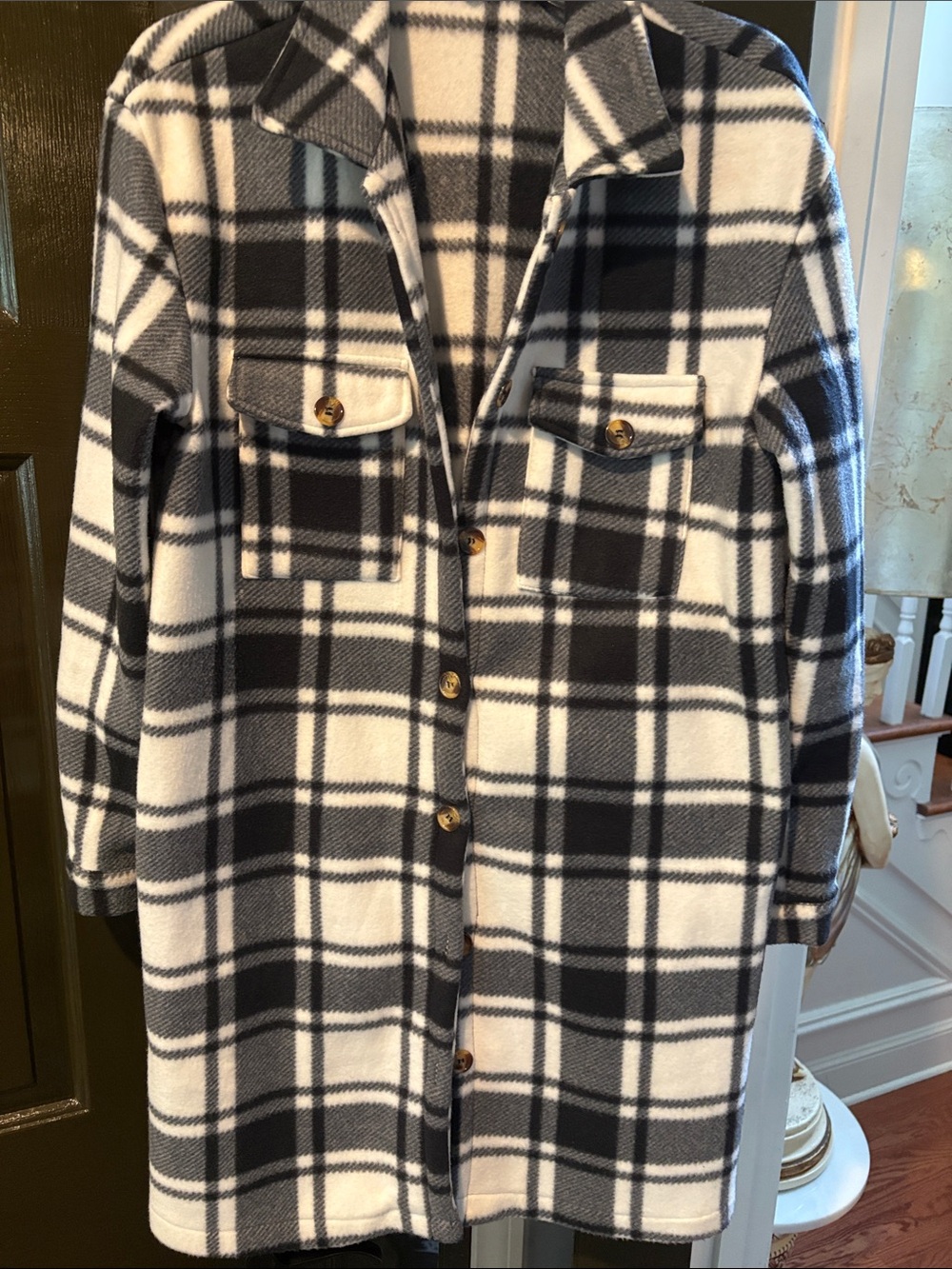 Plaid Button-Front Shacket Coat - Black & White - Picture 2 of 8